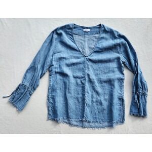 women's RAILS denim V-neck pullover tie sleeve frayed hem Linen blend blue Sz XS